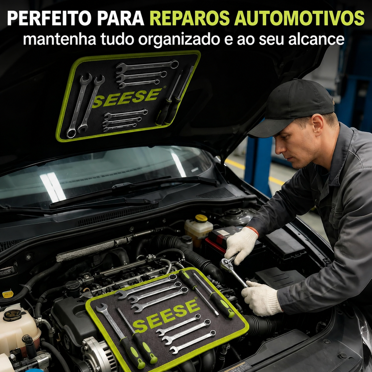 Tapete magnético fixado no capô durante um reparo automotivo, com as ferramentas ao alcance