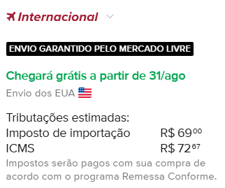 Tributações estimadas no Mercado Livre: imposto de importação R$ 69,00 e ICMS R$ 72,67